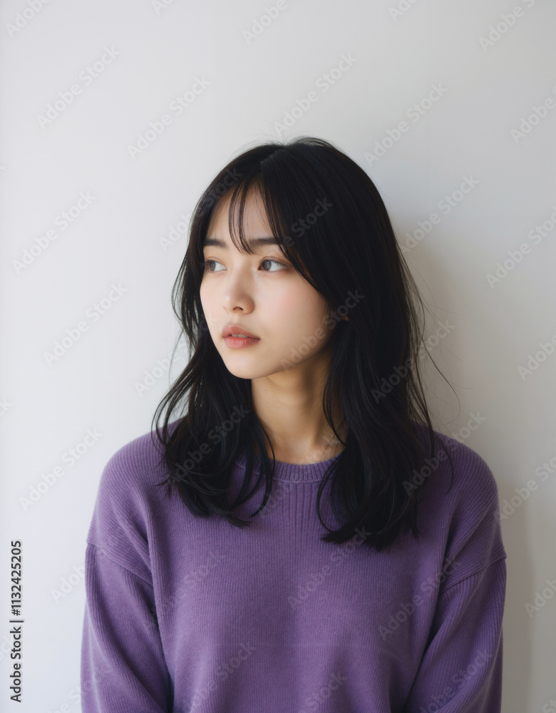 Obraz premium Contemplative Young Asian Woman in Purple Sweater Against a Neutral Background