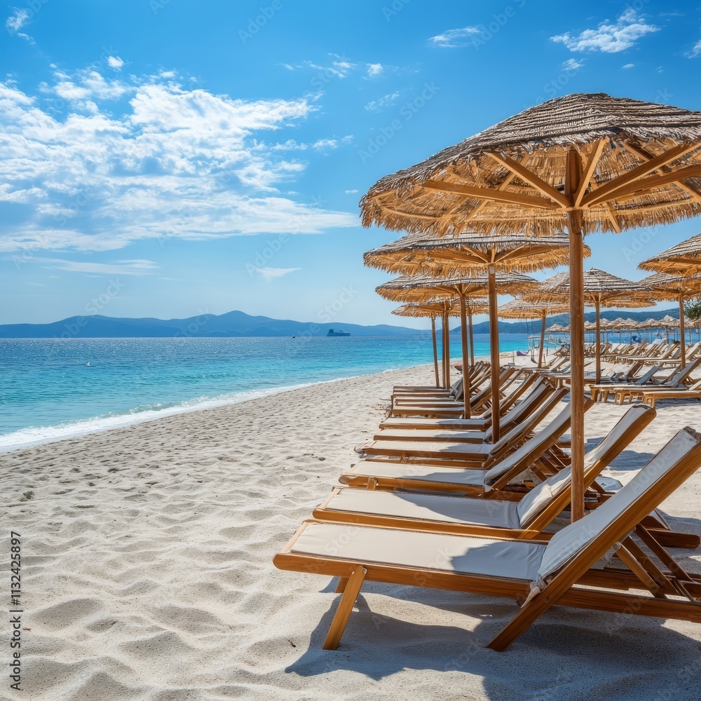 Obraz premium Wooden umbrellas and deck chair on sandy beach with sea and sky