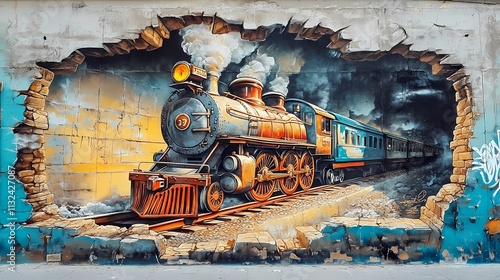 Stunning Street Art: A 3D Mural of a Retro Steam Train Emerging from a Broken Wall