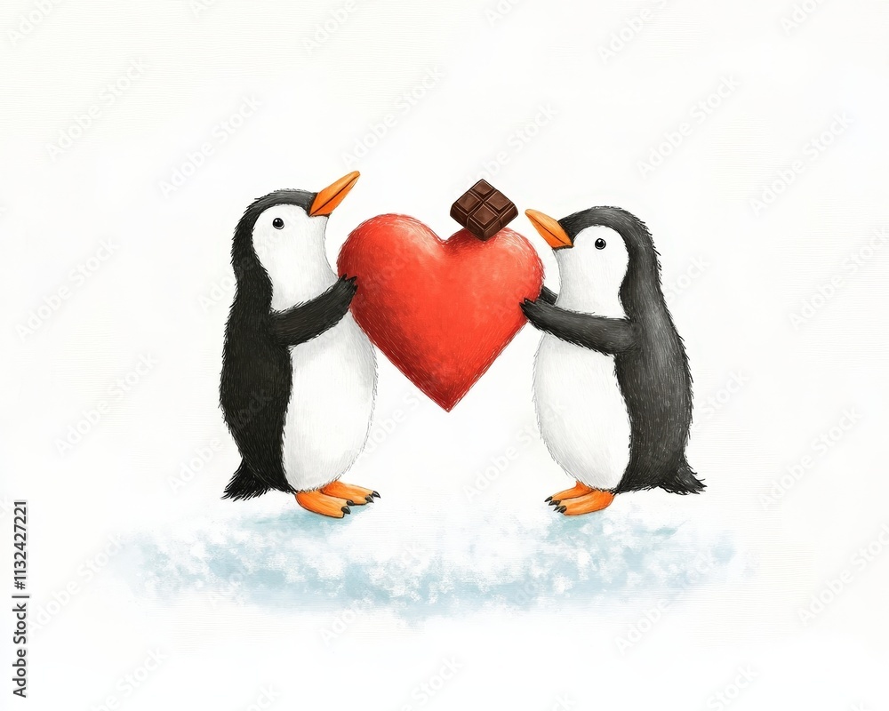 Fototapeta premium Two cute penguins holding a red heart together, symbolizing love and affection in a snowy landscape.