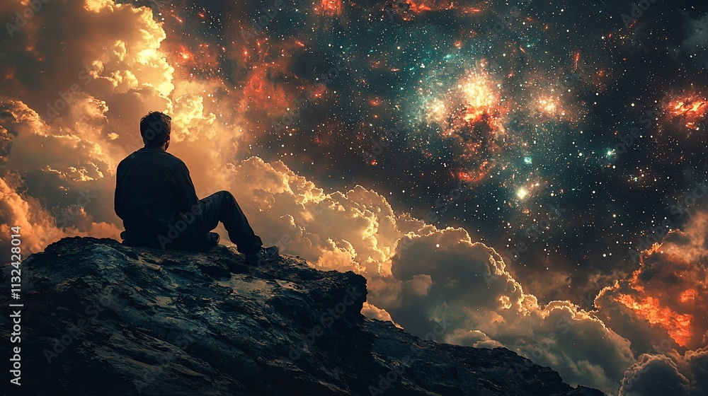 Man contemplates vibrant nebula from mountaintop. Man contemplates vibrant nebula from mountaintop.