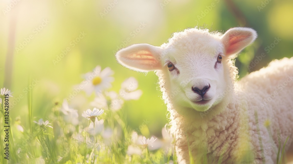 Fototapeta premium A cute lamb standing in a sunlit meadow, surrounded by wildflowers and green grass, radiating innocence and the beauty of spring.