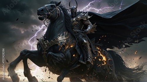 Powerful dark knight with horned helmet and long black cape riding armored black horse during intense storm with lightning strikes and dramatic sky