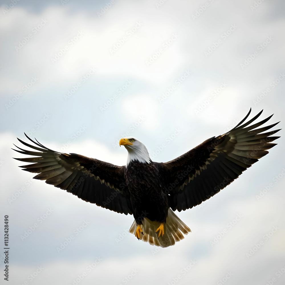 Obraz premium A bald eagle with wings spread in front of a cloudy sky