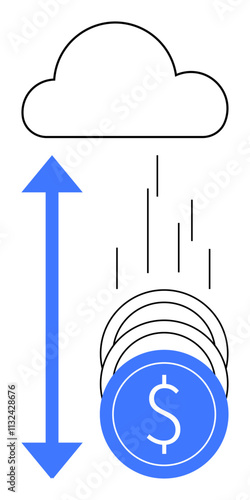 Cloud icon with coins, falling into a stack, and vertical arrow pointing upward. Ideal for financial planning, cost management, cloud computing, business growth, investments, savings technology