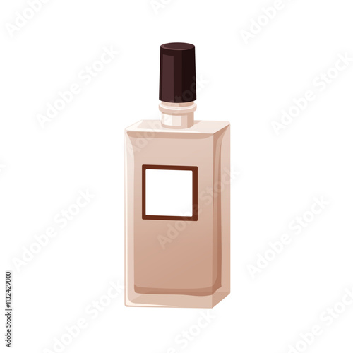 Perfume bottle. Scent, fragrance in jar, flask. Fragrant cosmetic product, eau de toilette. Aromatic body essence, chic design. Odor, perfumery. Flat vector illustration isolated on white background
