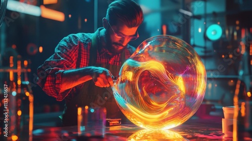 A glass artist crafting an abstract sculpture, glowing with colors and heat, rendered in surreal neoninspired digital art photo