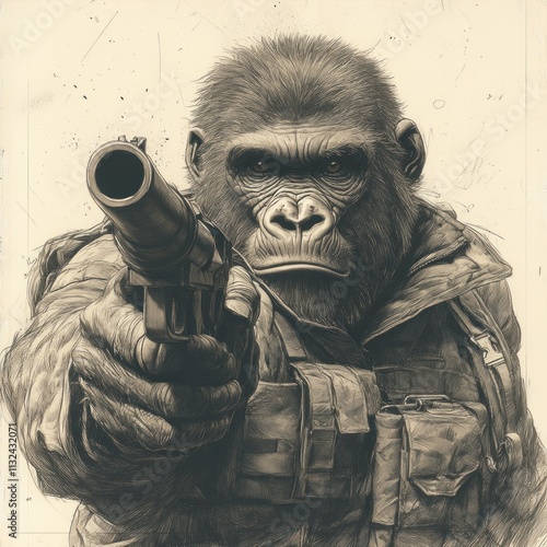 A gorilla in tactical gear aiming a gun, evoking themes of power and conflict. photo