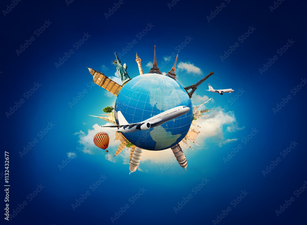 Naklejka premium A globe encircled by iconic world landmarks and airplanes, symbolizing global travel and adventure. A hot air balloon adds to the sense of exploration.