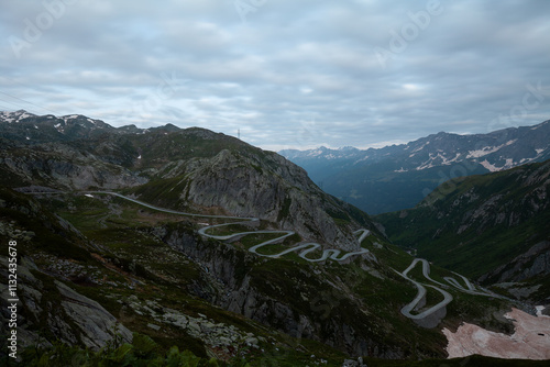 St. Gotthard, Aussicht auf die alte Gotthardstrasse Tremola Passstrasse. photo