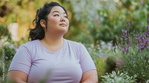 Plus-sized Asian woman in a lavender t-shirt, sitting in a tranquil tea garden