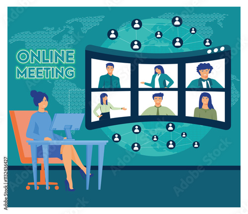 Online Meeting with Global Connections Displayed in video conference platform to communicate with colleagues.