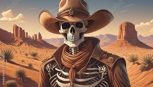 Skeleton Cowboy with Hat in Desert Landscape A Spooky Western Scene Featuring a BoneColored Cowboy, Dusty Terrain, and a Striking Blue Sky, Perfect for Halloween and WesternThemed Decor. photo