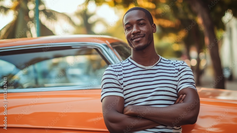 Fototapeta premium Slim African man in a striped t-shirt, casually leaning against a vintage car