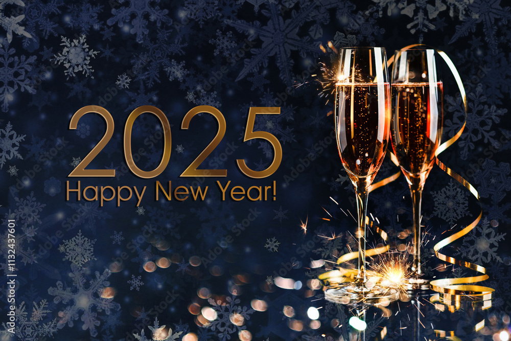 Happy New Year 2025! Two glasses with champagne, ash and serpentine bokeh on a dark background