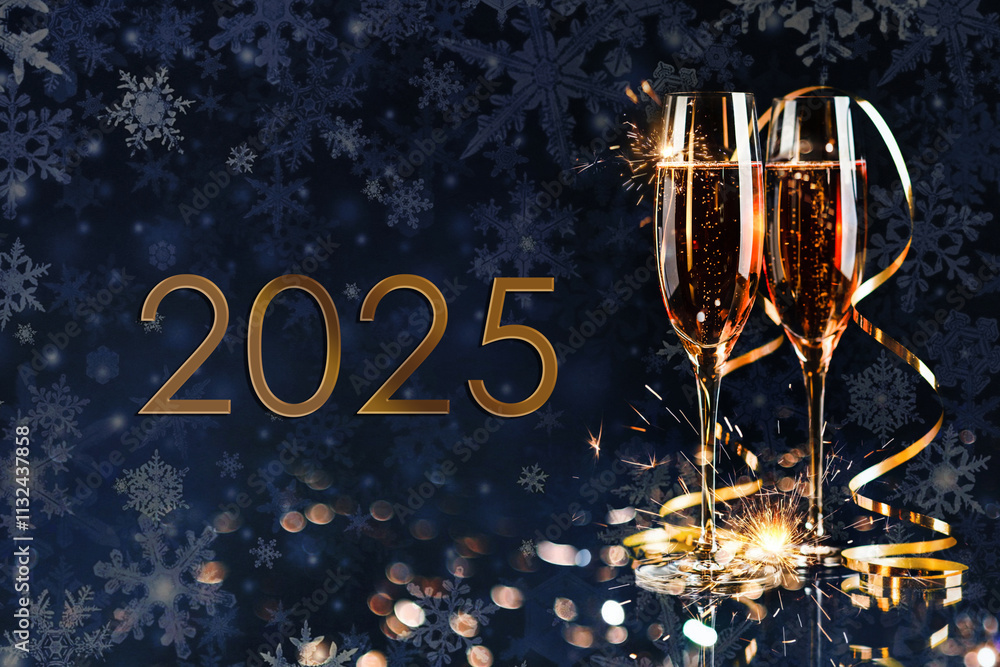 Happy New Year 2025! Two glasses with champagne, ash and serpentine bokeh on a dark background