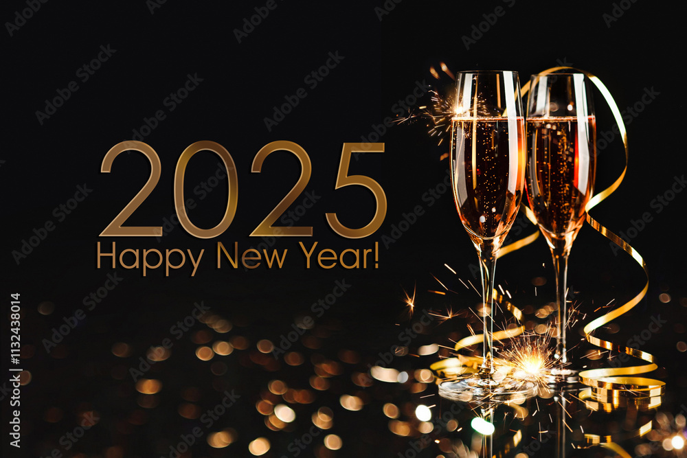 Happy New Year 2025! Two glasses with champagne, ash and serpentine bokeh on a dark background
