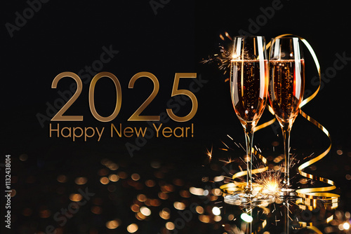 Obraz na płótnie Happy New Year 2025! Two glasses with champagne, ash and serpentine bokeh on a dark background w salonie