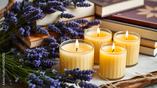 Hand-poured beeswax candles with an organic texture, placed in a calming arrangement with fresh lavender and a stack of books. Generative AI photo