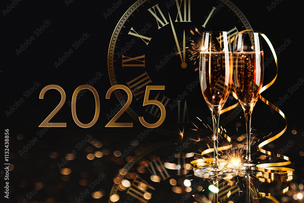 Happy New Year 2025! Two glasses with champagne, ash and serpentine bokeh on a dark background