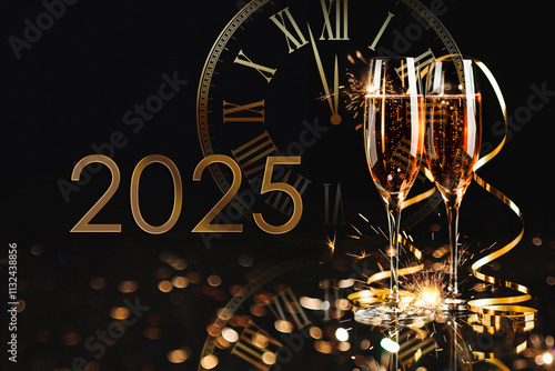 Happy New Year 2025! Two glasses with champagne, ash and serpentine bokeh on a dark background