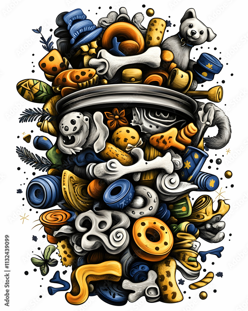 Fototapeta premium Overflowing bowl of dog toys, treats, and bones; whimsical illustration.