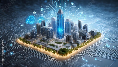 Smart City on Circuit Board Background A Futuristic Cyberspace Concept Showcasing the Integration of Advanced Technology, Urban Planning, and Sustainable Development in Modern Urban Environments photo