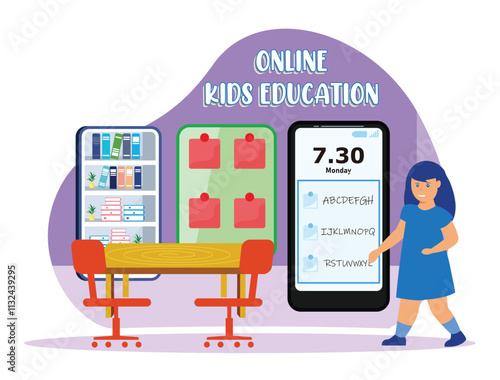 Online Kids Education with Learning Tools and a Classroom Set up.