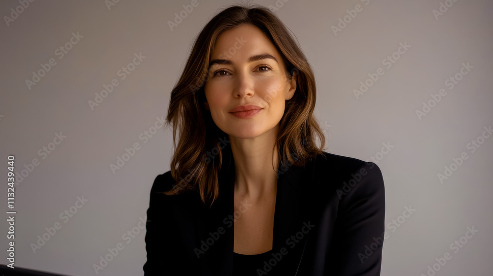 Fototapeta premium Studio photograph of an adult woman with brown hair, sitting.