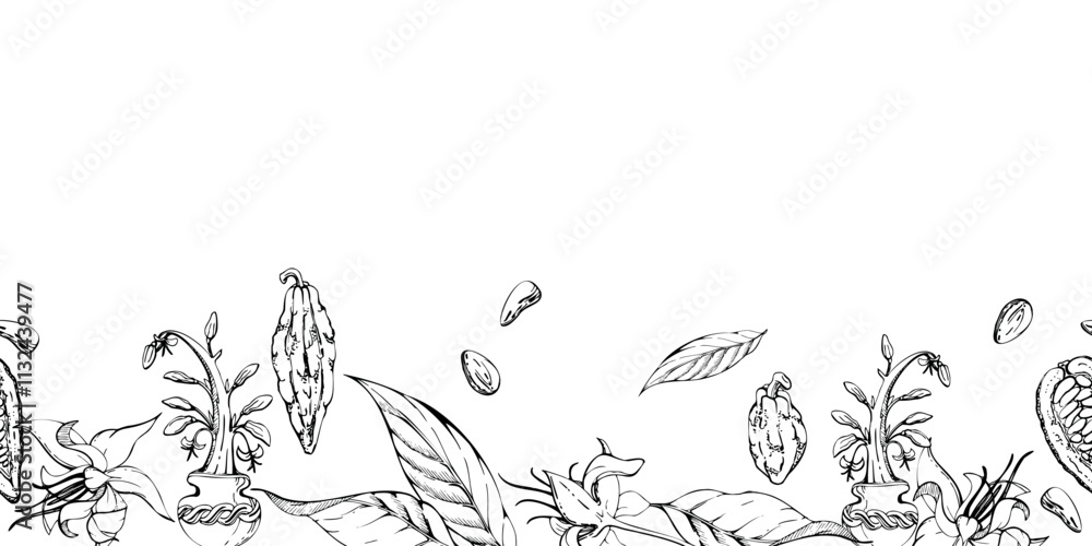Obraz premium Coffee cocoa cacao beans, flowers, leaves seed pods, stylized tree. Mayan aztec mexican plant. Hand drawn ink vector illustration. Seamless banner isolated on white. Design travel, vacation, brochure