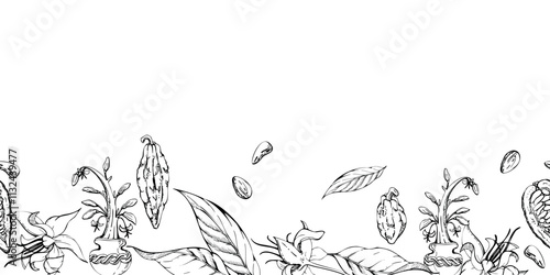 Coffee cocoa cacao beans, flowers, leaves seed pods, stylized tree. Mayan aztec mexican plant. Hand drawn ink vector illustration. Seamless banner isolated on white. Design travel, vacation, brochure