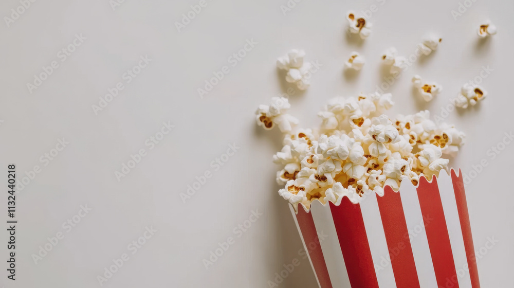 Popcorn in a classic red and white striped paper bag isolated on white background for graphic design. Popcorn in a classic red and white striped paper bag isolated on white background for graphic design.