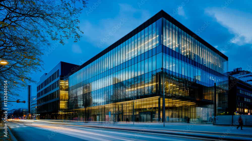 Fototapeta premium Modern Scandinavian bank building with clean lines and contemporary architecture, positioned on the right side of the image.