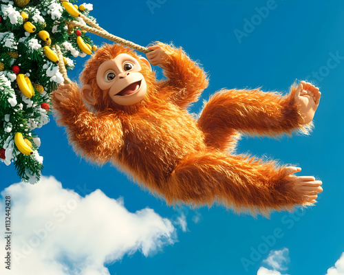 Playful orangutan swinging from snowy Christmas tree against a bright blue sky. photo