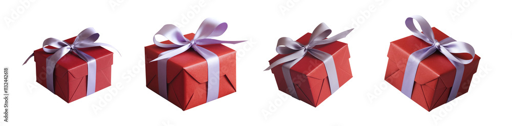 Obraz premium Collection of red gift boxes. Transparent background PNG cutout. Set 03