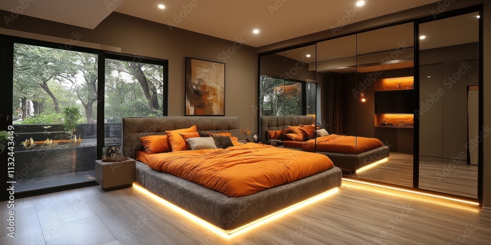 Modern bedroom with orange bedding, mirrored closet, and LED lighting. Modern bedroom with orange bedding, mirrored closet, and LED lighting.