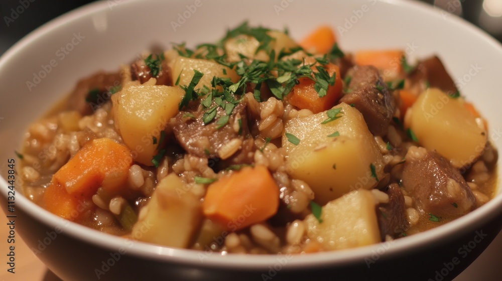 Traditional Nordic stew: hearty barley, root vegetables, and fresh herbs served warm Traditional Nordic stew: hearty barley, root vegetables, and fresh herbs served warm