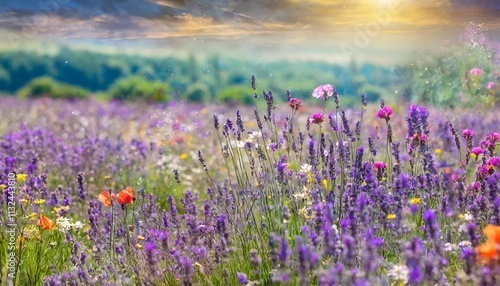 Sommerzauber Eine blhende Lavendelwiese mit wilden Wildblumen, die die Schnheit des Sommers verkrpern und eine harmonische Atmosphre der Natur und Farbenpracht schaffen. photo