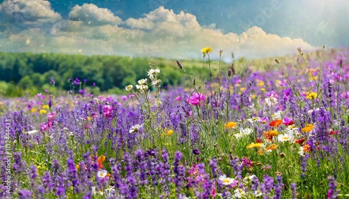 Sommerzauber Eine blhende Lavendelwiese mit wilden Wildblumen, die die sanften Hgel umgeben und eine malerische Kulisse fr die Schnheit der Natur bieten, ideal fr entspannende Spaziergnge und  photo