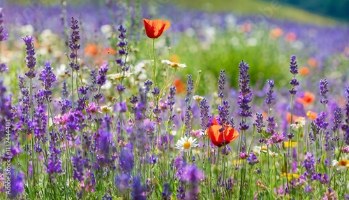 Sommerzauber Eine atemberaubende blhende Lavendelwiese mit wilden Wildblumen, die die Schnheit der Natur in voller Pracht zeigt und die Sinne mit Farben und Dften verzaubert. photo