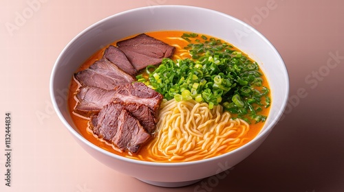 An elegantly arranged bowl of ramen featuring steaming noodles, decadent slices of pork, and vibrant green onions, all beautifully set against a solid color background.