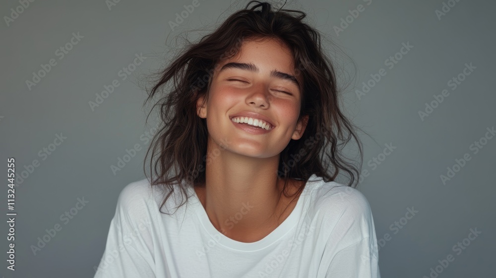 Fototapeta premium Portrait of a cheerful woman with a natural smile, wearing a casual white shirt against a neutral background.