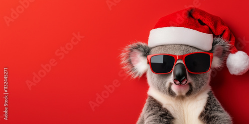 Santa koala with shades on red, festive charm radiating high realism and cheer photo