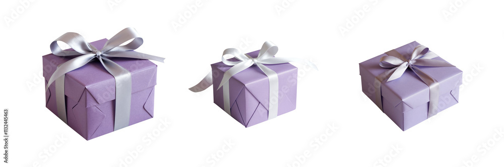 Obraz premium Collection of purple gift boxes. Isolated transparent background PNG. Set 07