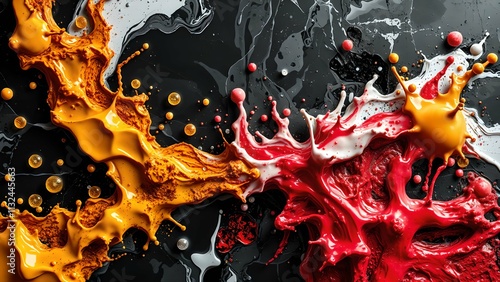 Bold Monochrome Abstract Texture with Vivid Liquid Fruit Splashes, Rendered in Photorealistic 3D HD with Dynamic Contrasts and HDR Lighting Effects photo