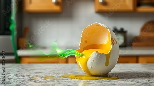 Rotten egg cracked open, green gas lines escaping, realistic kitchen counter background. Generative AI