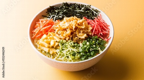 A delightful bowl of ramen featuring a vibrant array of toppings including crispy tempura, pickled ginger, and bright vegetables, captured in a high-resolution image that accentuates its