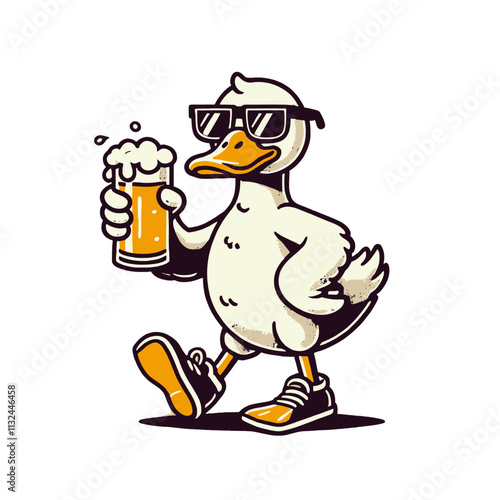 Stylish duck wearing sunglasses and sneakers, walking confidently with a beer glass in a trendy design. High-quality isolated vector illustration perfect for party branding, bar themes photo