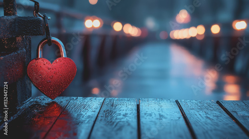 Love Lock Bridge: A Red Heart Shaped Padlock on a Wooden Table Symbolizing Romance, Commitment, and Memories Perfect for Weddings, Love Stories, and Relationship Marketing Photography photo