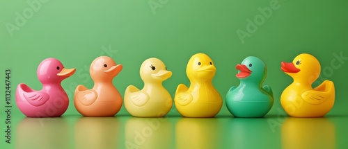 A colorful lineup of rubber duck toys in various shades, set against a vibrant green background, creating a playful and cheerful atmosphere. photo